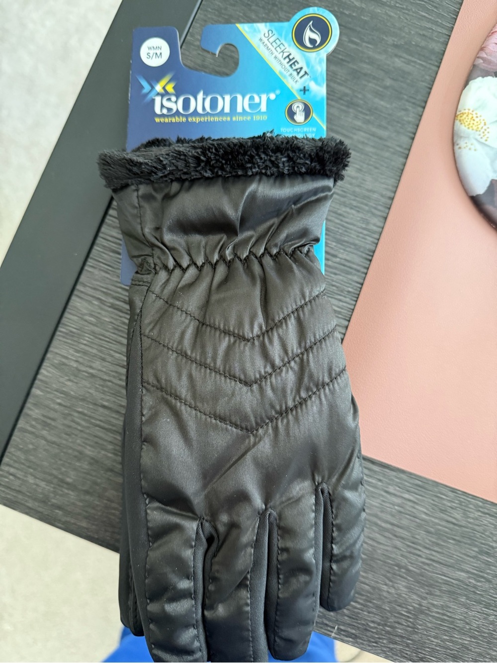 isotoner Black Packable Gloves with Faux Fur Cuff